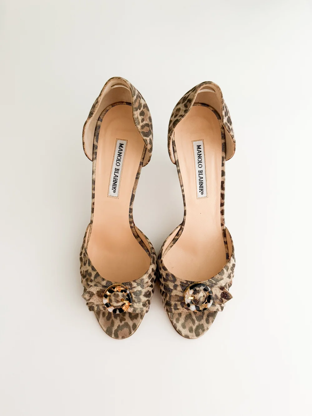 Manolo Blahnik Iridescent Leopard Print Buckle Heels (US 10